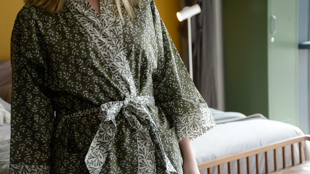 lightweight cotton kimono with a block print leaf design in olive green and white and with contrast belt and cuffs