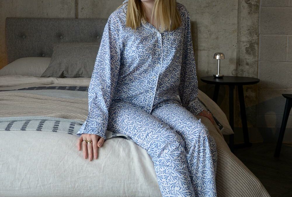 block print pyjamas in blue and white portrait