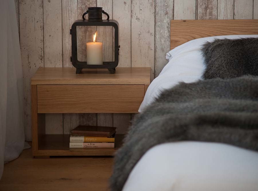 Rustic look bedroom using our low cube bedside table in Oak