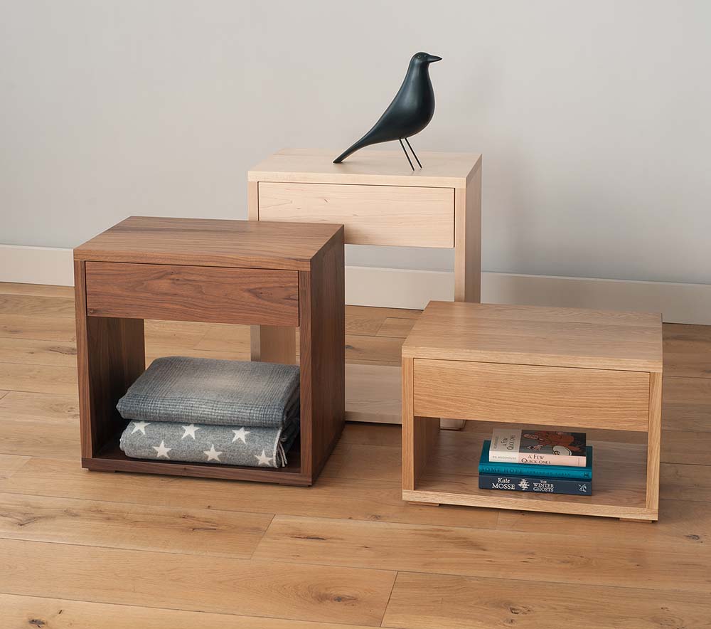 Cube bedside tables designed and made by Natural Bed Company in a choice of wood and in 3 heights.