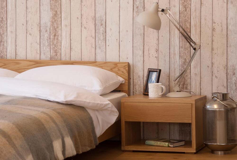 A Rustic bedroom look featuring our low wooden Nevada bed made from Oak