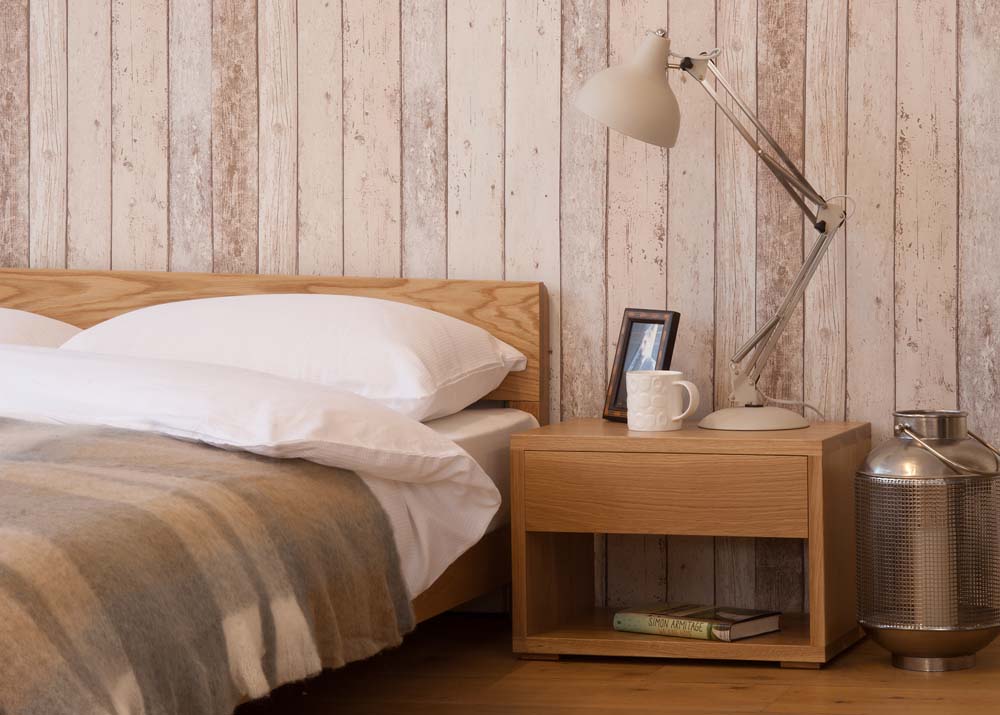 A Rustic bedroom look featuring our low wooden Nevada bed made from Oak