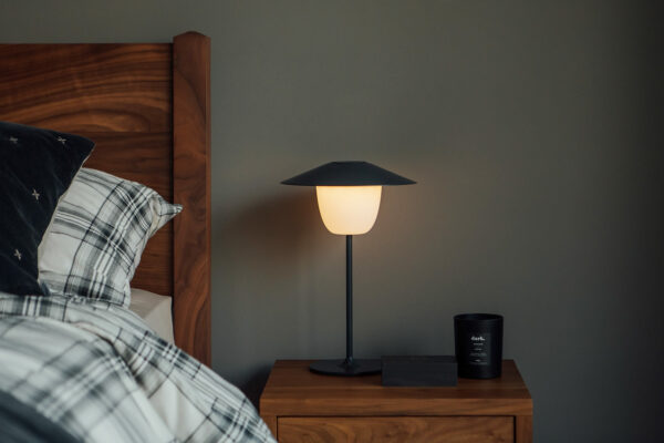 indoor/outdoor chargeable lamp with a charcoal grey stem
