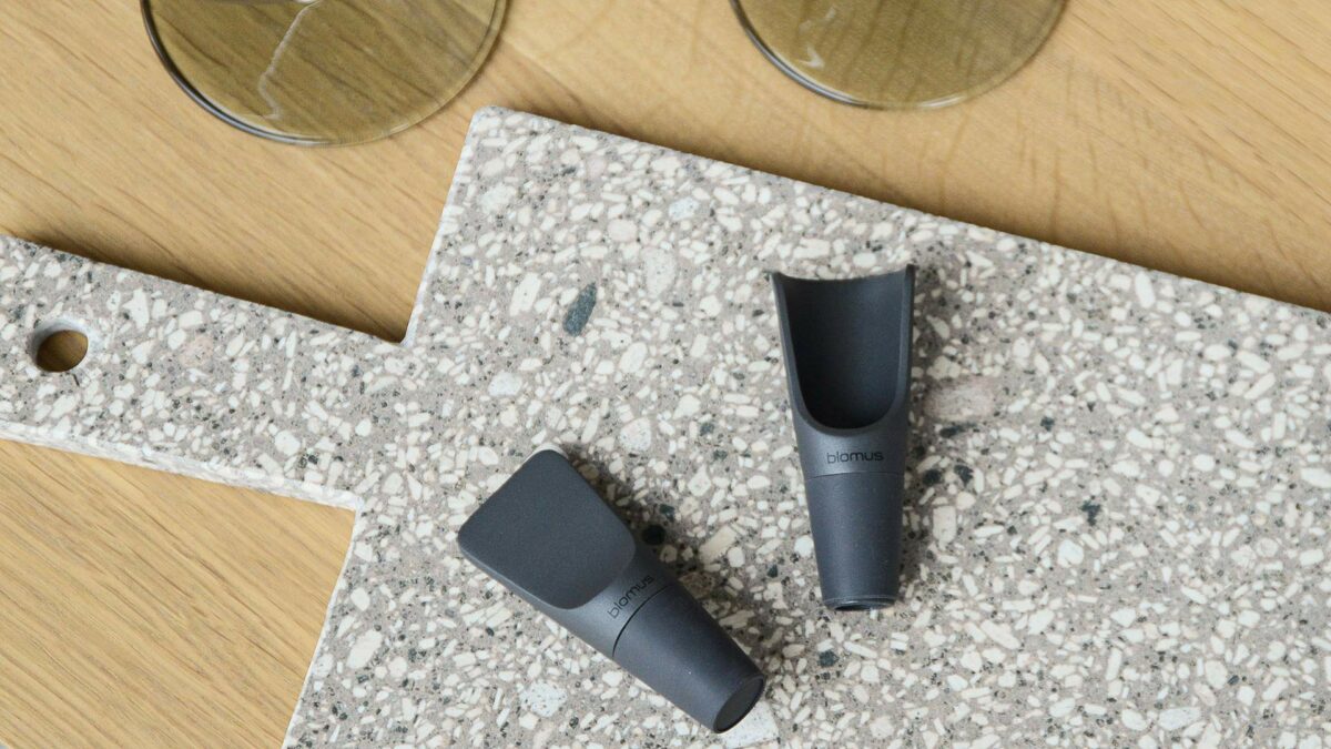 modern grey bottle stopper and wine pourer by Blomus