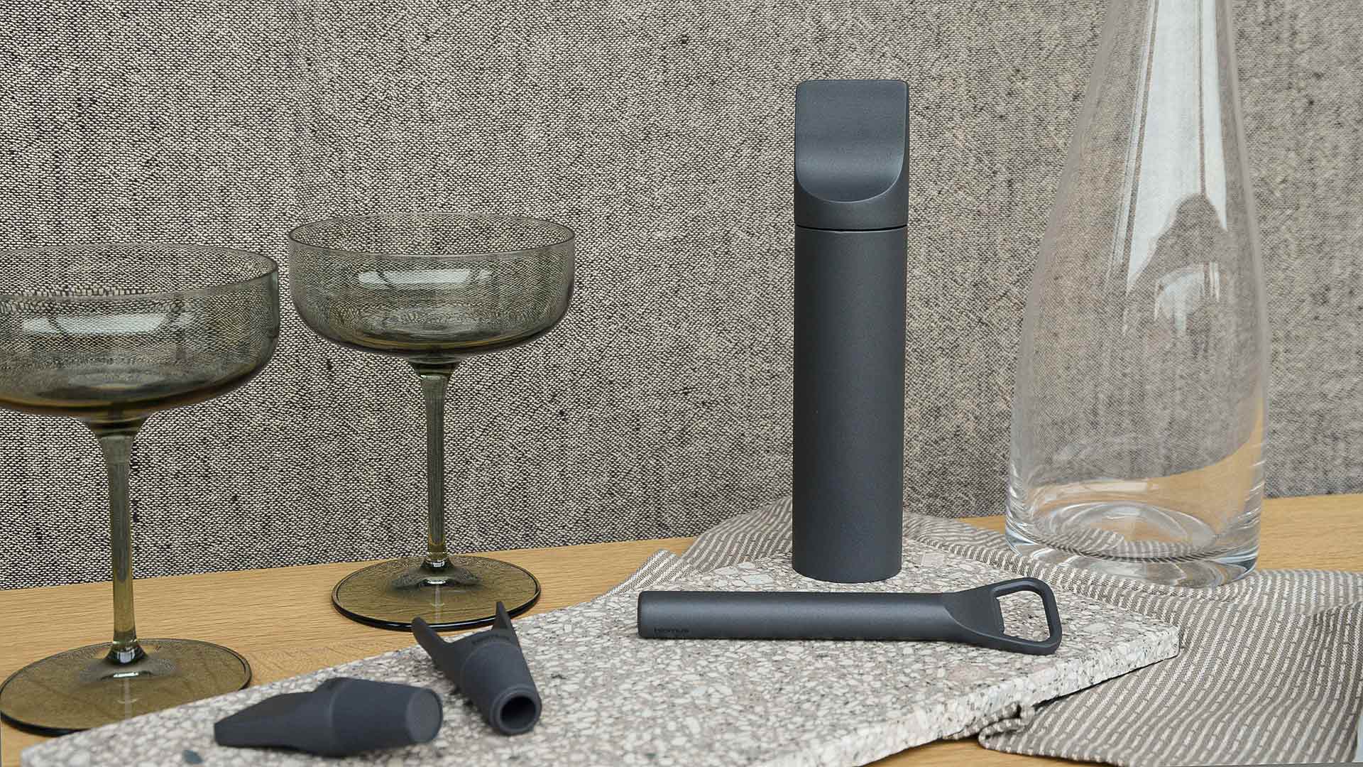 modern bar accessories corkscrew, bottle opener, bottle stopper and wine aerator