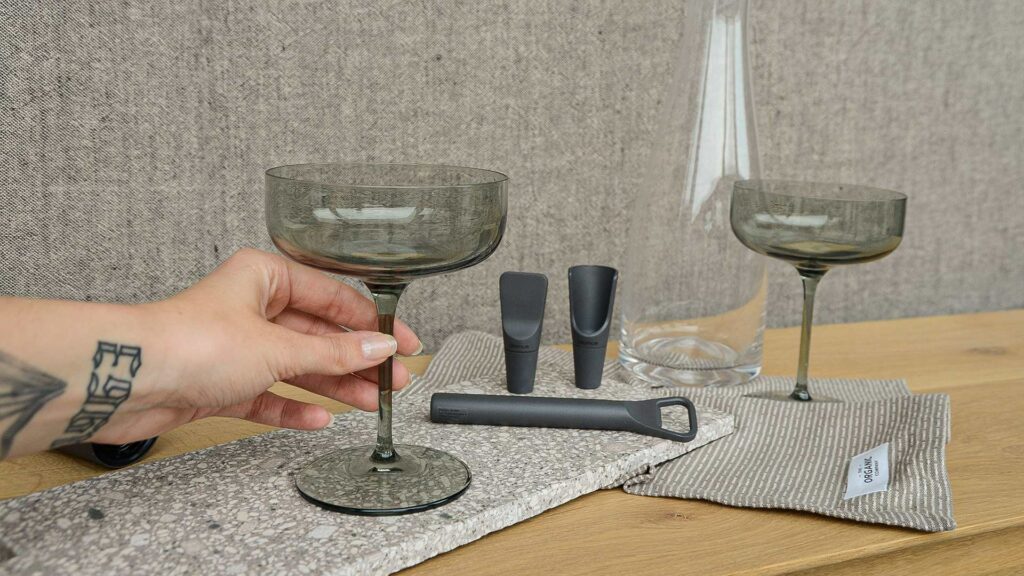 Blomus grey bar accessories and smoked glass cocktail glasses