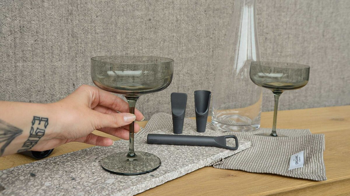 blomus smoked coupe glass with drink accessories