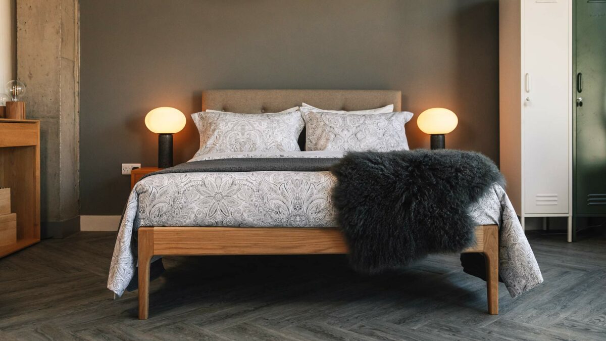 bloomsbury bed in oak with grey Persia duvet set