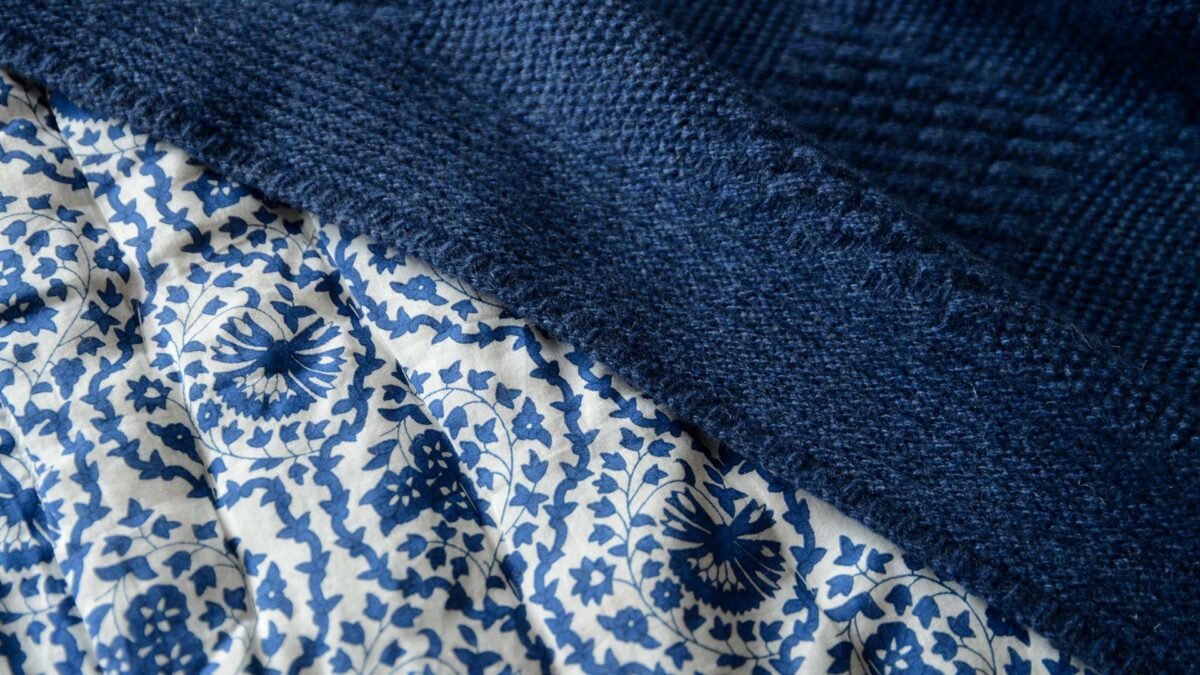 blue and ivory block print throw close up