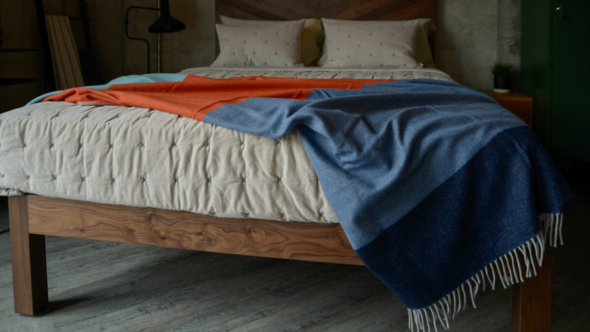 cashmere and merino blend soft, bright, colour block throws in shades of blue and orange