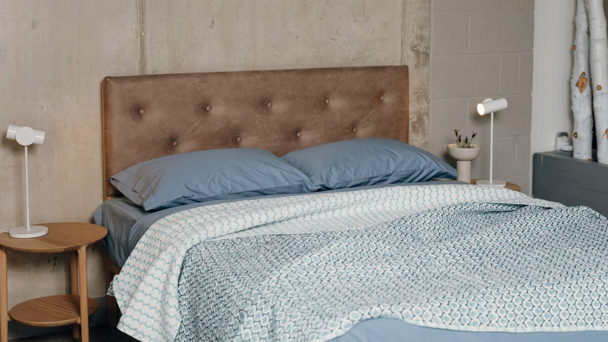 blue bedding with reversible bedspread