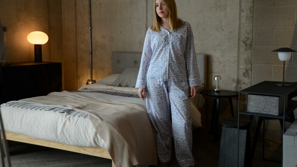 lightweight white cotton pjs with a block print leaf design in blue