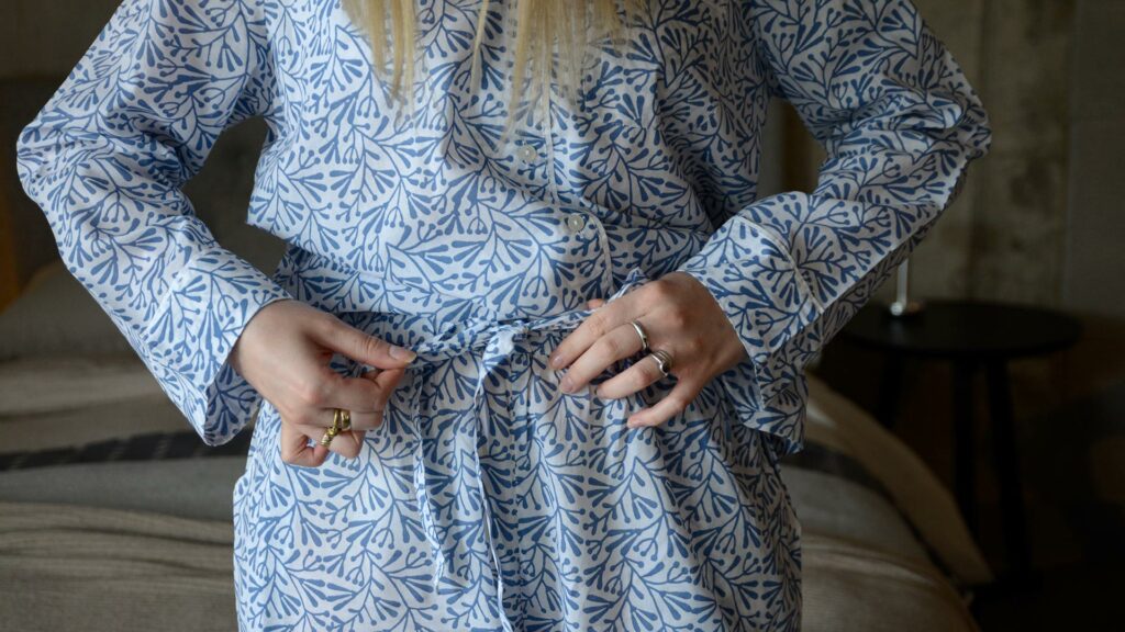 lightweight white cotton pyjamas with a block print leaf design in blue