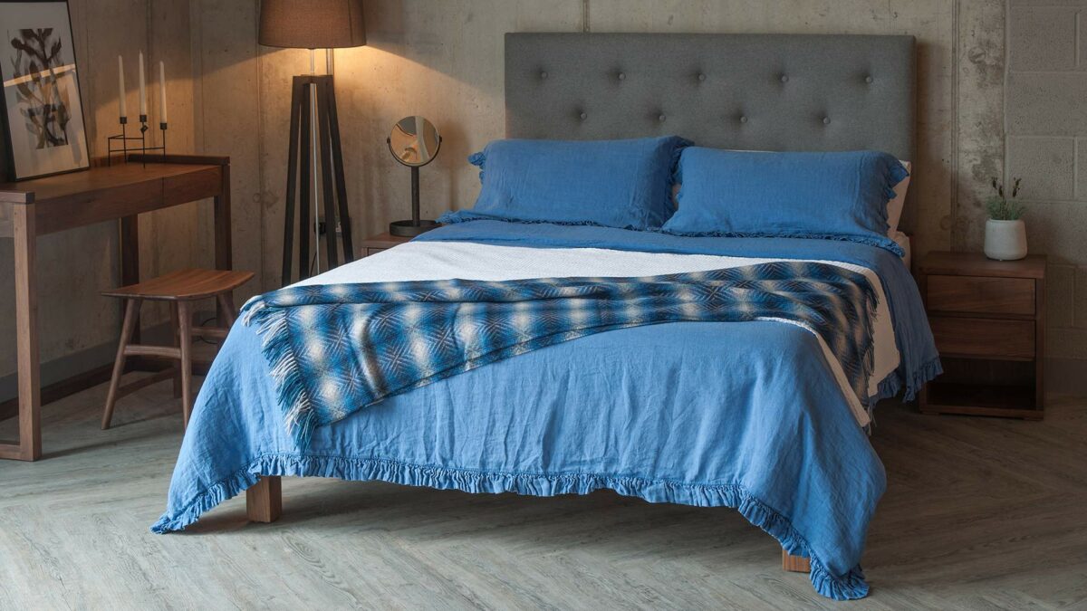 blue linen bedding on Skye bed