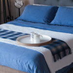 blue linen bedding with waffle throw & bronte throw