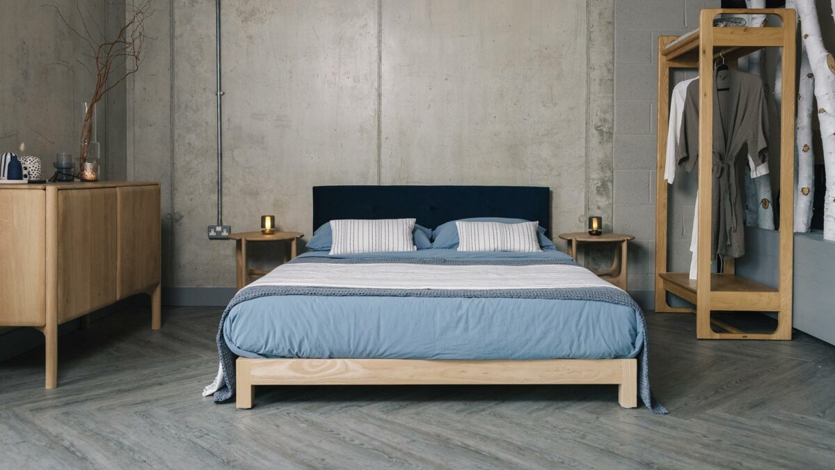 blue stoneas bedding on ash iona with eco velvet headboard