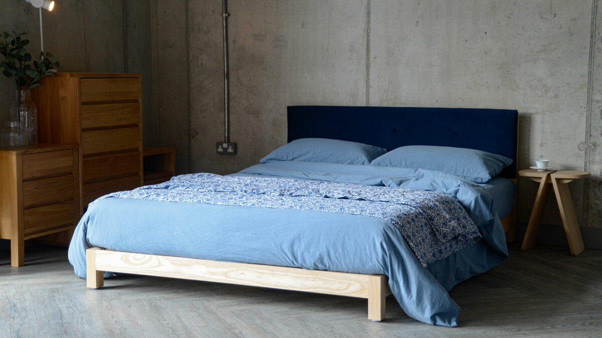 blue stonewashed bedding on ash iona bed
