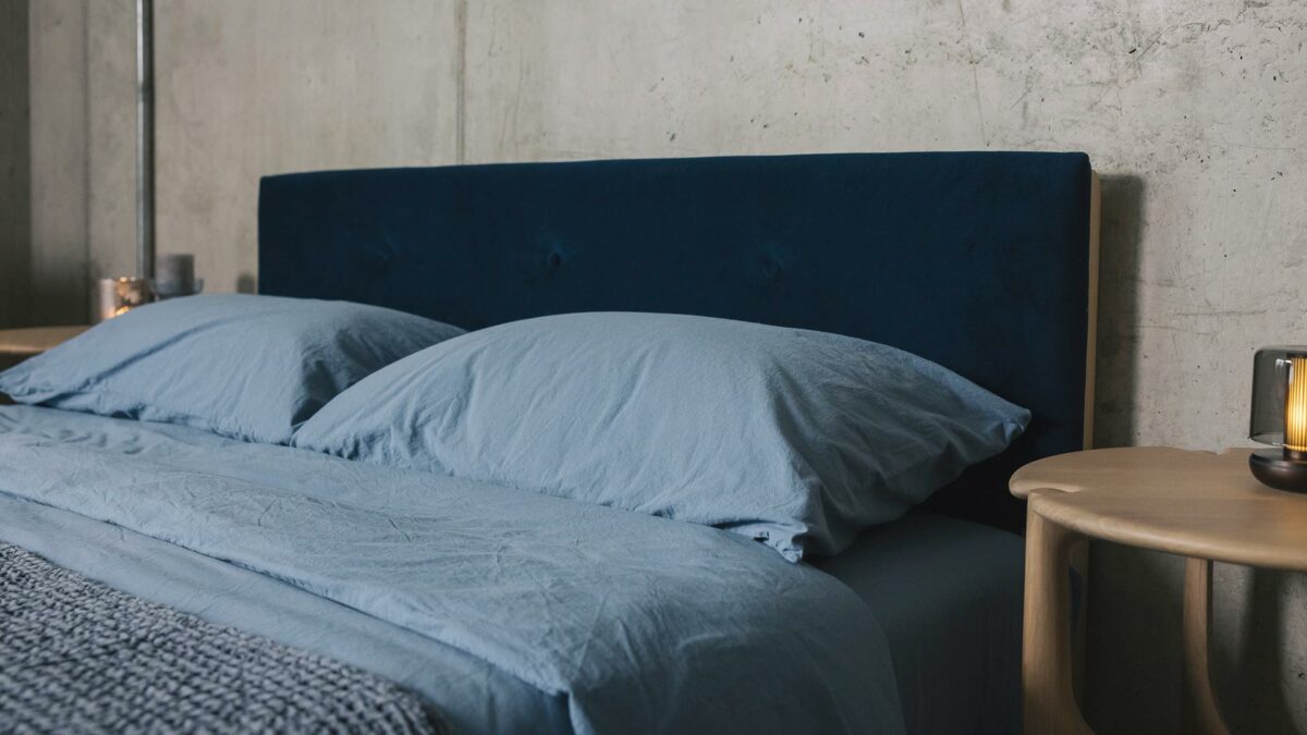 blue stonewashed bedding with blue eco velvet Iona headboard
