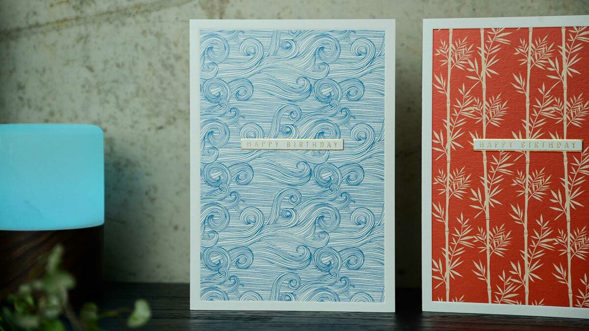 set of birthday cards with Japanese designs and gold detailing