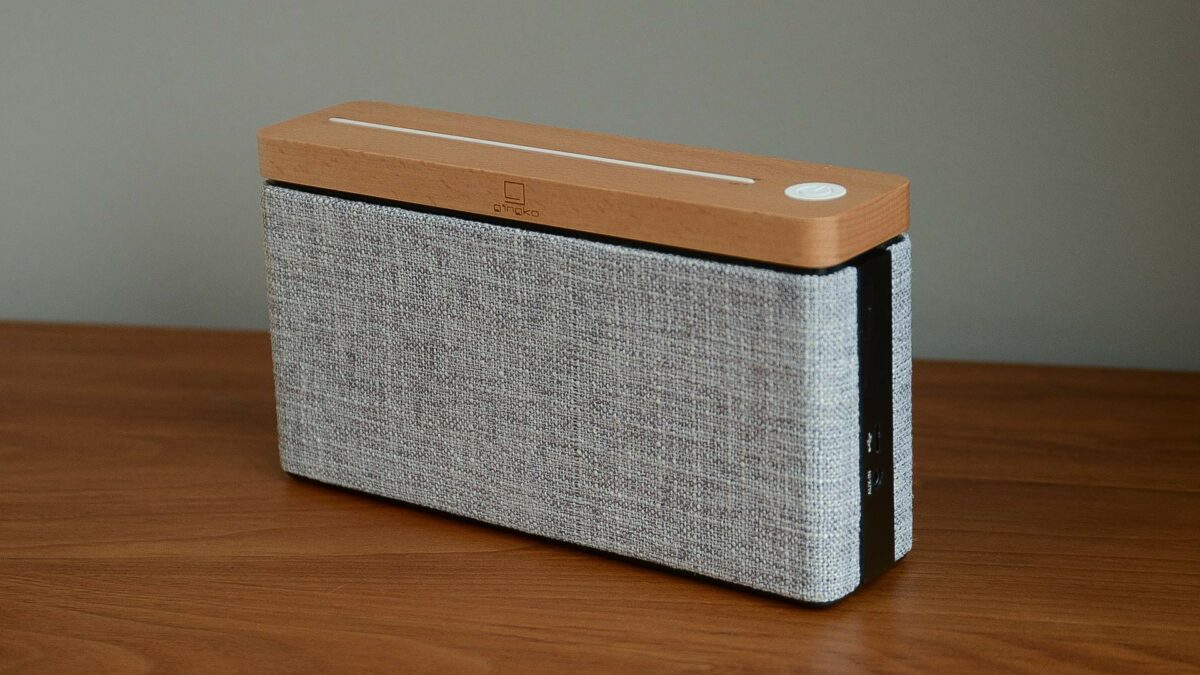 from above the bluetooth speaker in maple and light grey