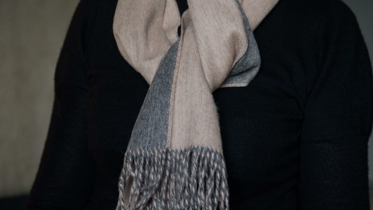 softest alpaca wool scarf in blush and grey