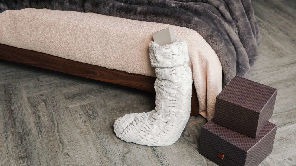 Christmas bedroom with faux fur xmas stocking