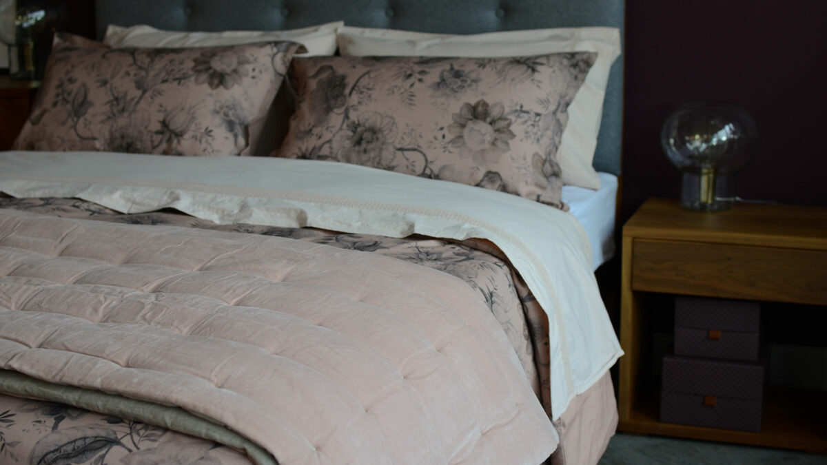 blush velvet quilt with blush bedding