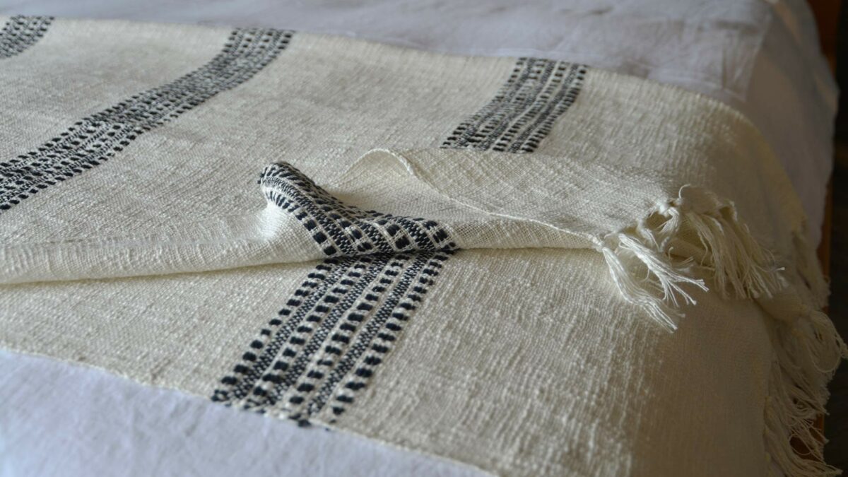 boho textured throw with fringe cream and black