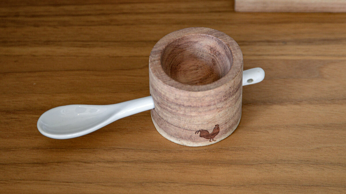 Wooden egg cup with porcelain spoon