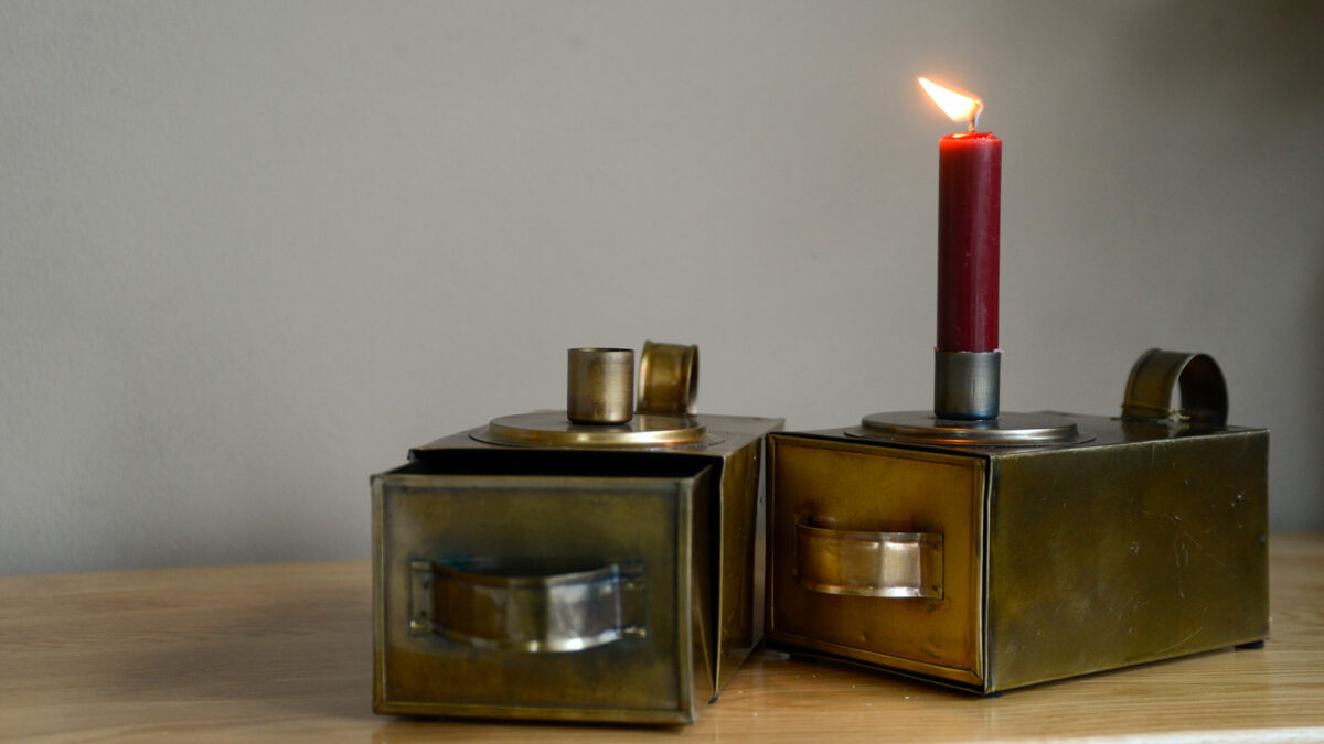 metal brass look candle holder with storage drawer