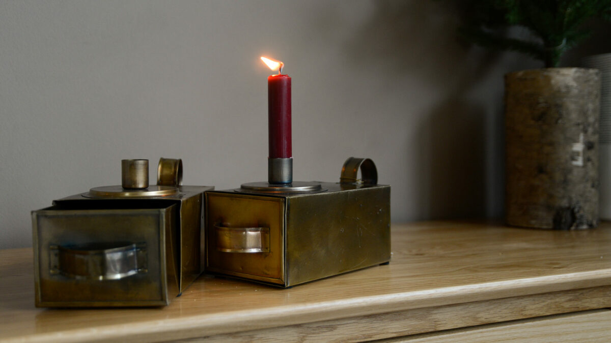 metal brass look candle holder with storage drawer