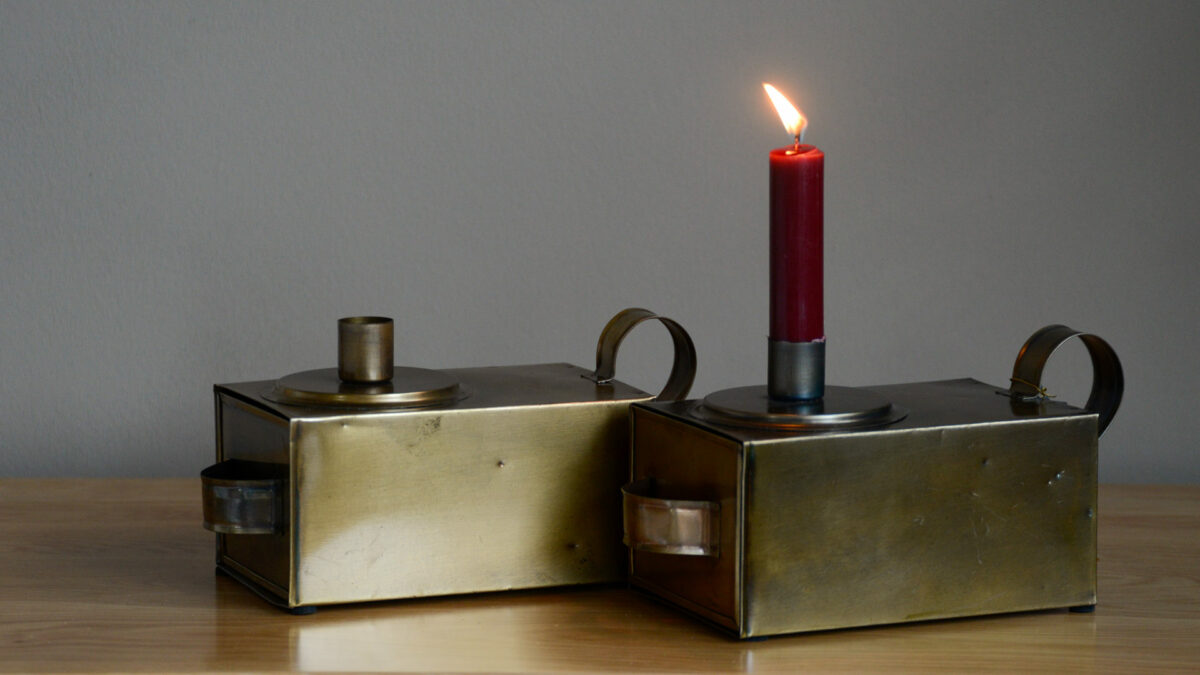 metal brass look candle holder with storage drawer