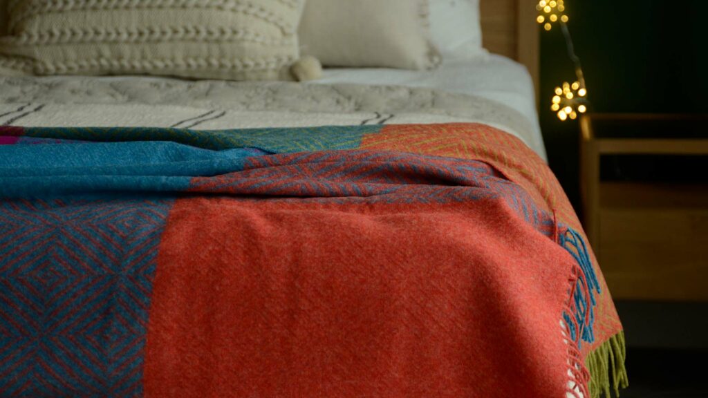 Diamond weave merino wool throw in bright modern colour blocks