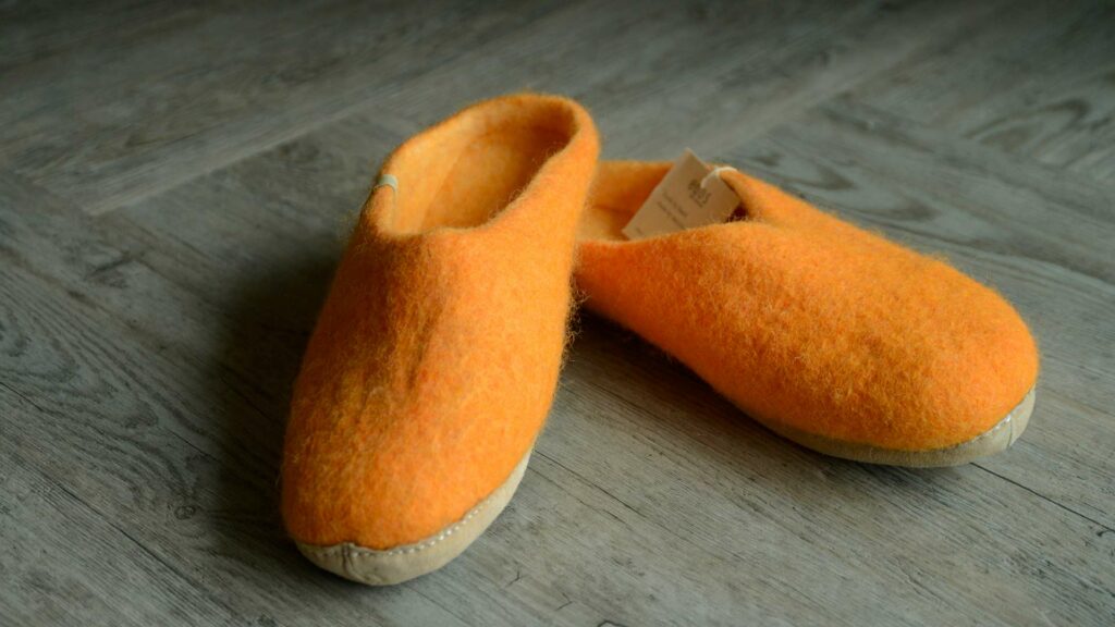 felted New Zealand wool slippers in orange