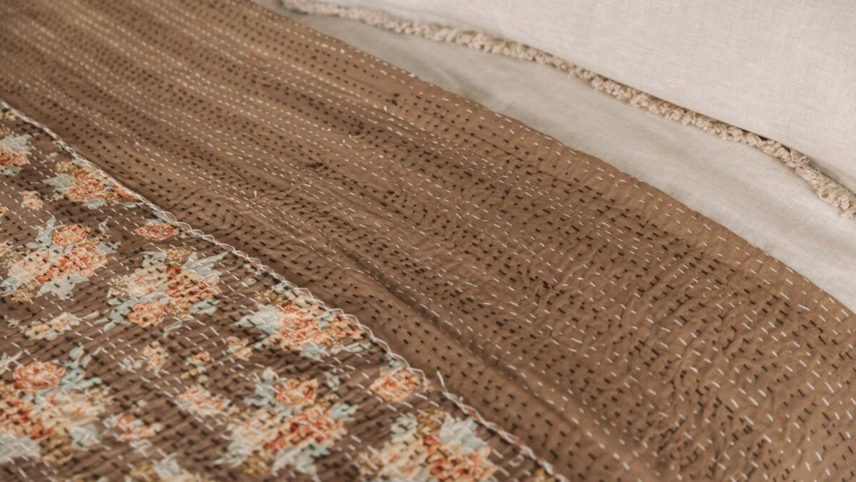 brown floral kantha throw