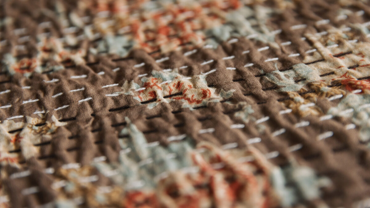 brown kantha throw detail