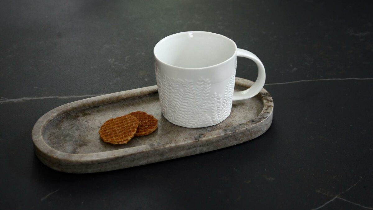 brown marble tray with porcelain mug