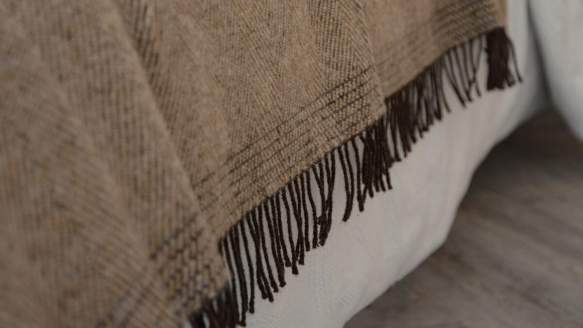 brown stripe and herrignbone pattern pure wool throw detail
