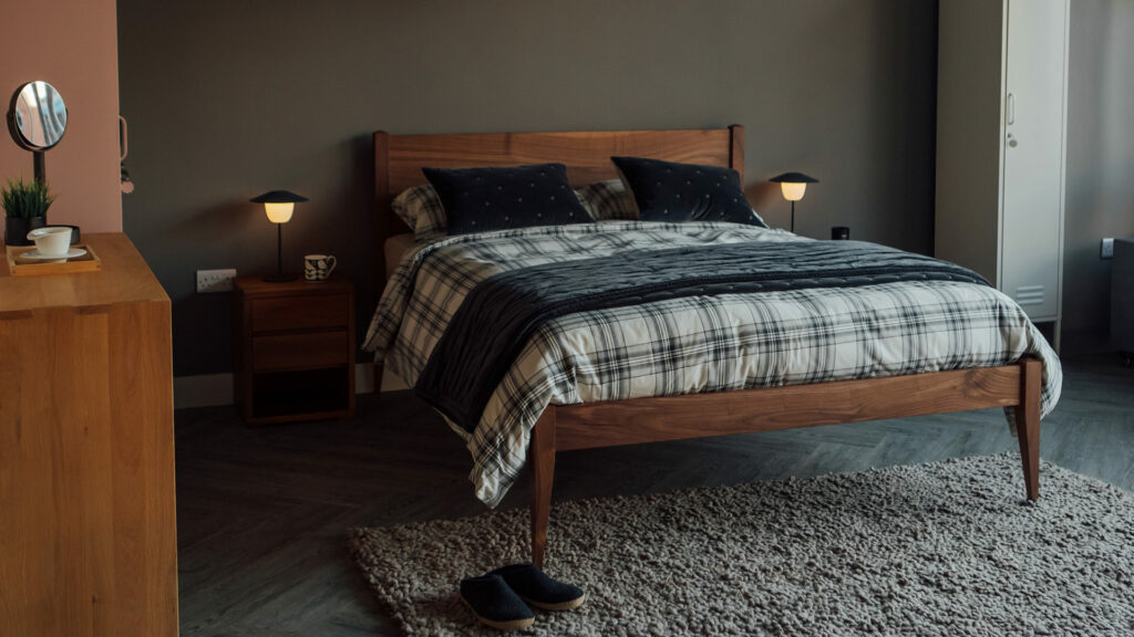 soft and cosy brushed cotton duvet cover set in grey and ivory check on our walnut cochin bed