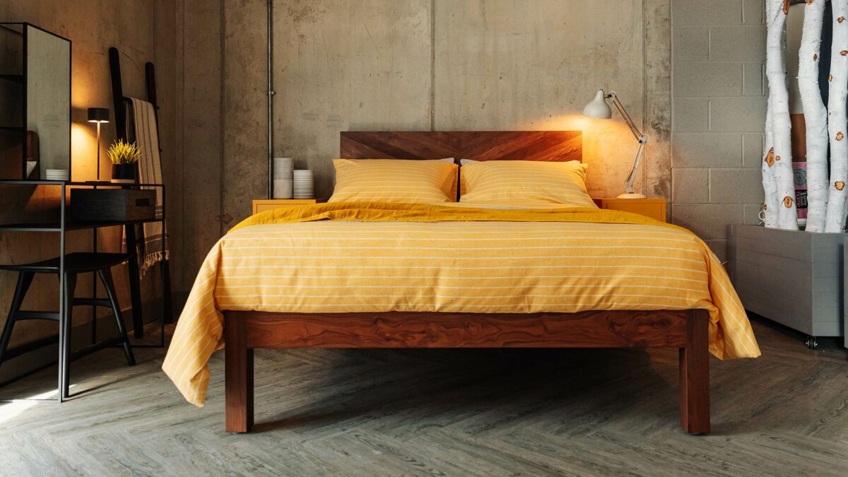 soft and sunny yellow brushed cotton duvet cover set shown on uk made Hathersage bed