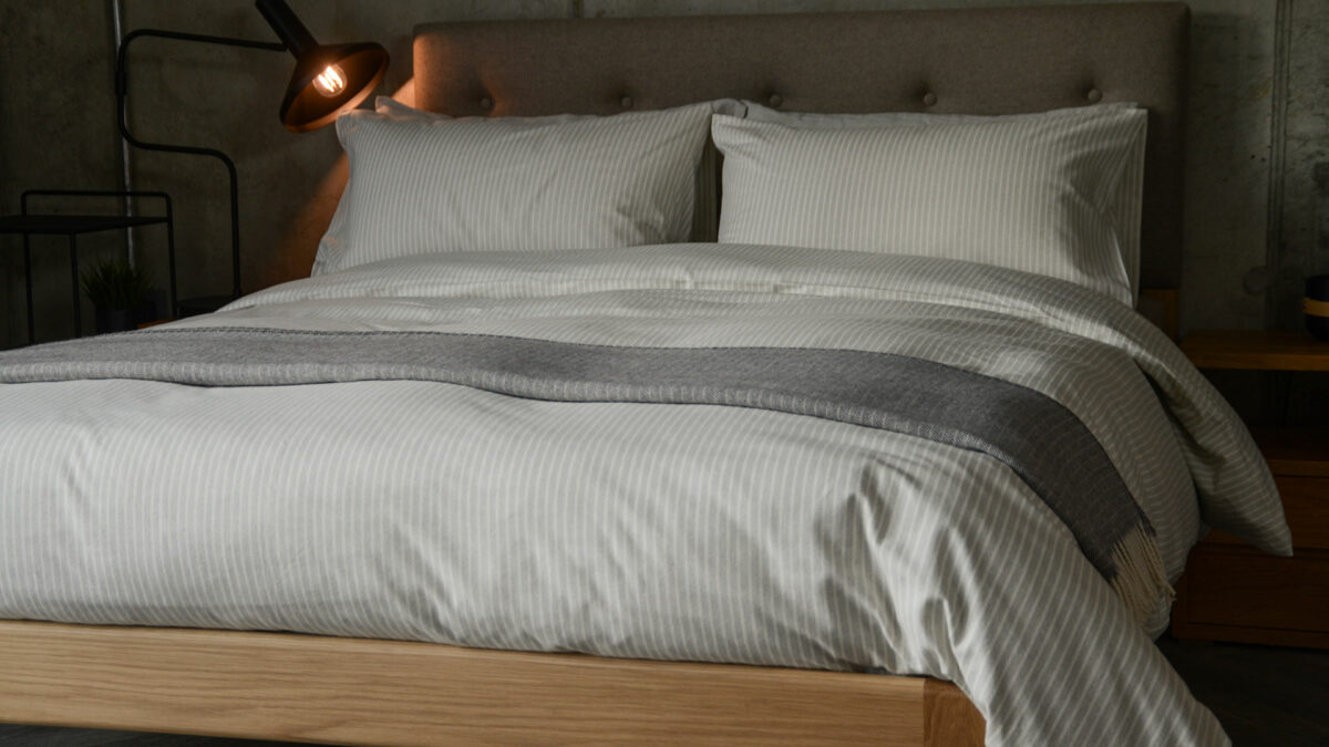 brushed cotton grey bedding on Bloomsbury bed