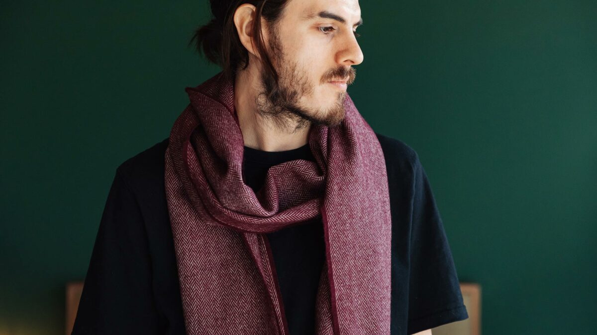 his or hers herringbone weave wool scarf in burgundy