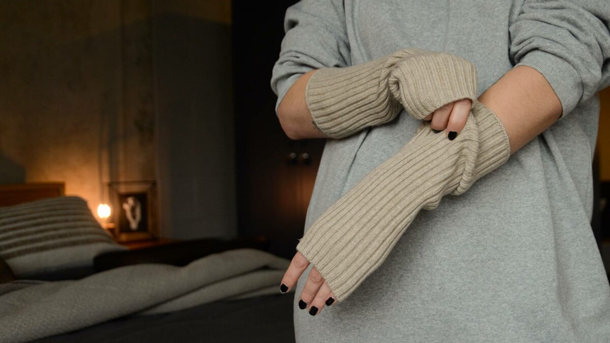 soft knitted wrist warmers in stone