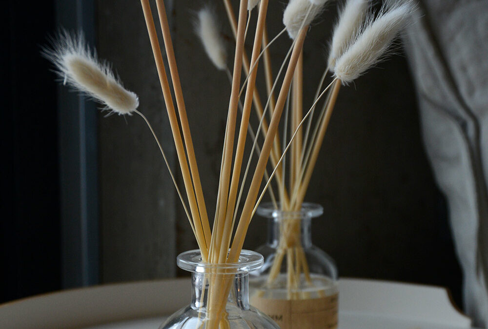 luxury glass room-scent diffuser with reeds and bunny tails