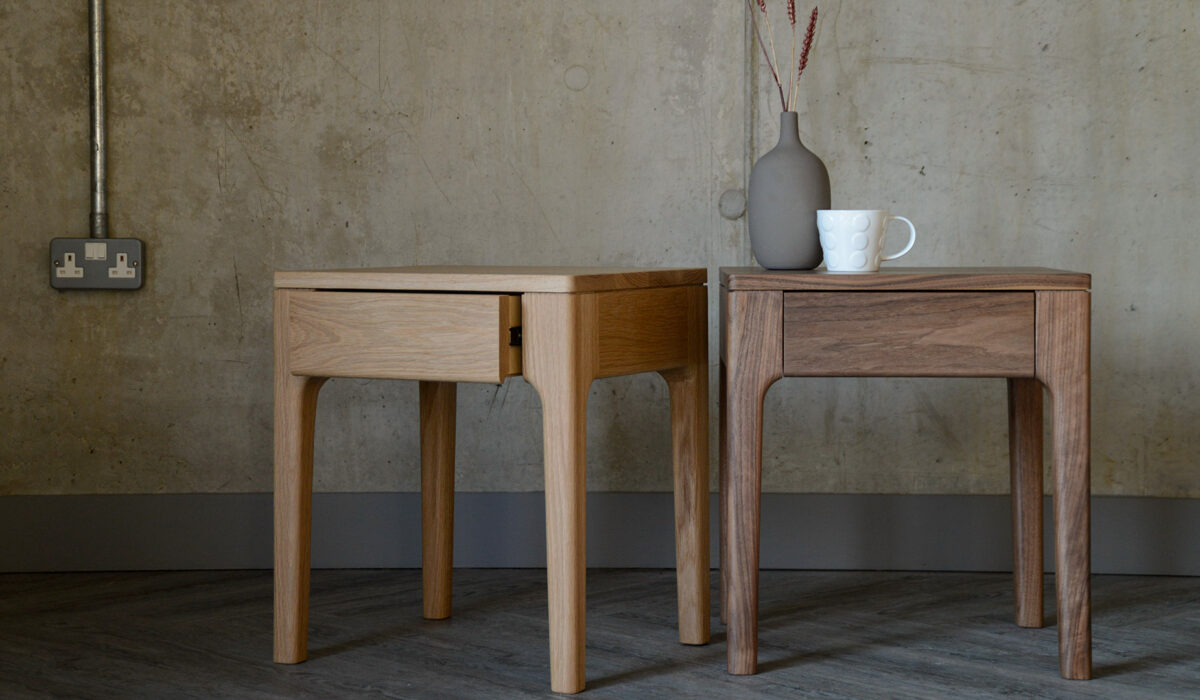 Bedside tables with drawer made from a choice of solid timbers, here in oak and walnut