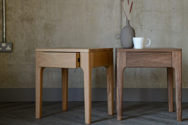 Bedside tables with drawer made from a choice of solid timbers, here in oak and walnut