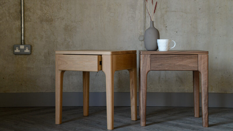 Bedside tables with drawer made from a choice of solid timbers, here in oak and walnut