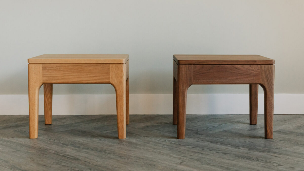 Bedside tables in oak and walnut designed to complement our Camden and Hoxton beds