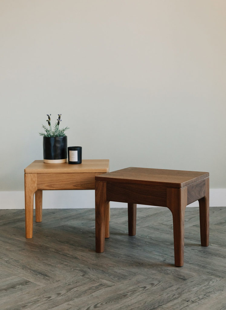 solid wooden Camden bedside tables shown in oak and walnut