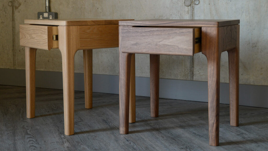 solid wood side tables with storage drawer shown in oak and walnut